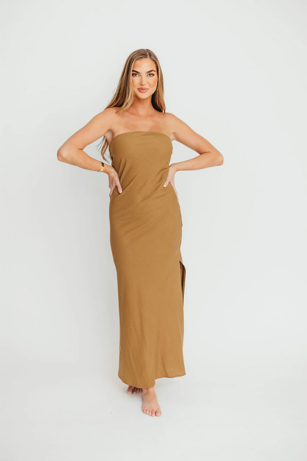 Naidelyn Strapless Maxi Dress in Golden Palm - Fashionser