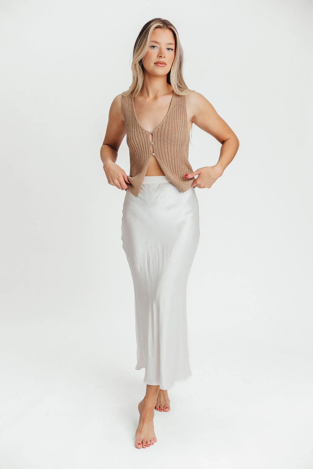 Kimberley Satin Long Midi Skirt in Champagne - Fashionser