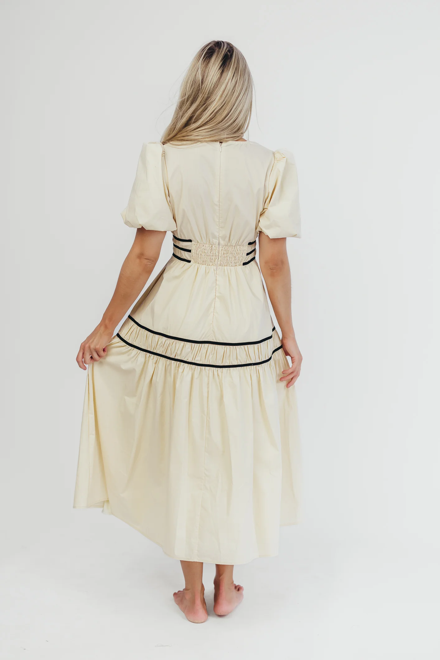 Bradley Puffed Sleeve Tiered Maxi Dress in Cream/Black - Fashionser