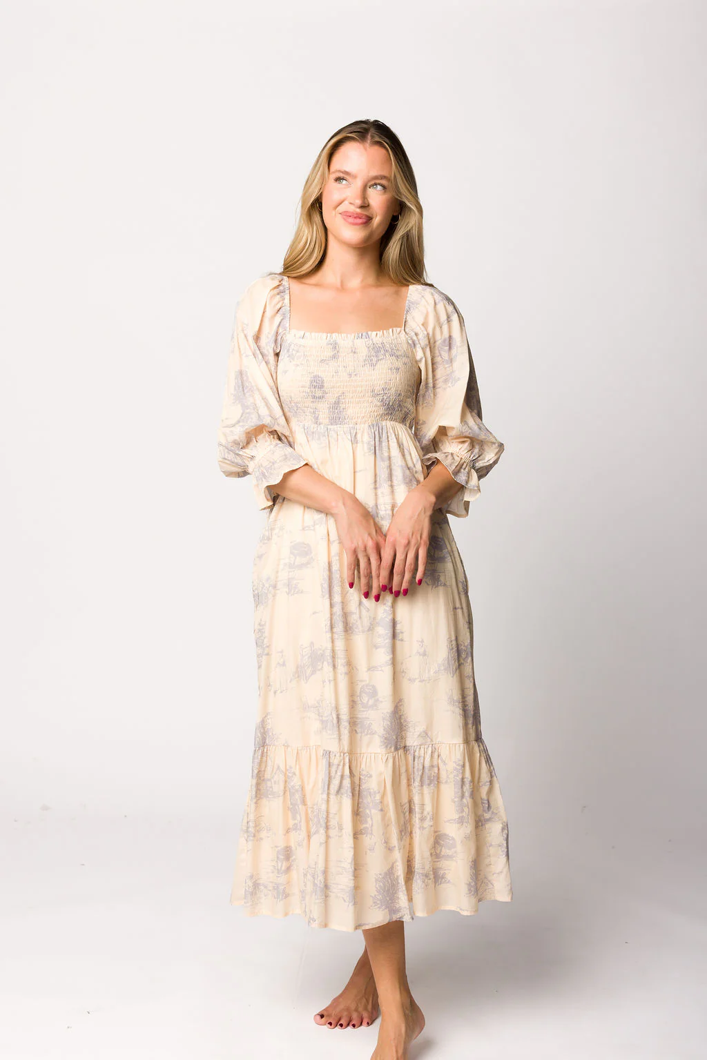 Bria Smocked Midi Dress with Puffed Long Sleeves in Ecru - Bump Friendly - Fashionser