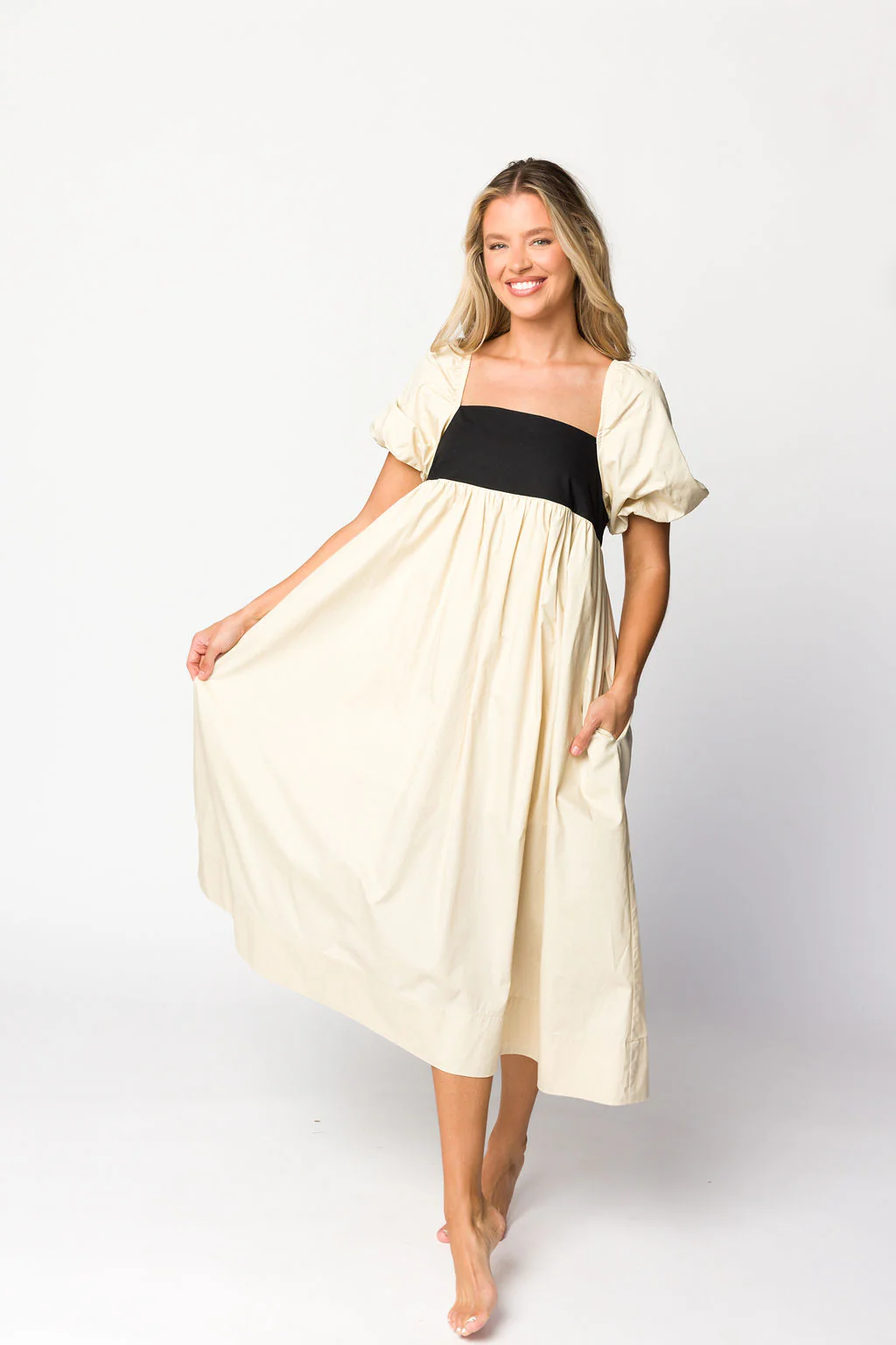 Amia Cotton Midi Dress in Beige - Fashionser