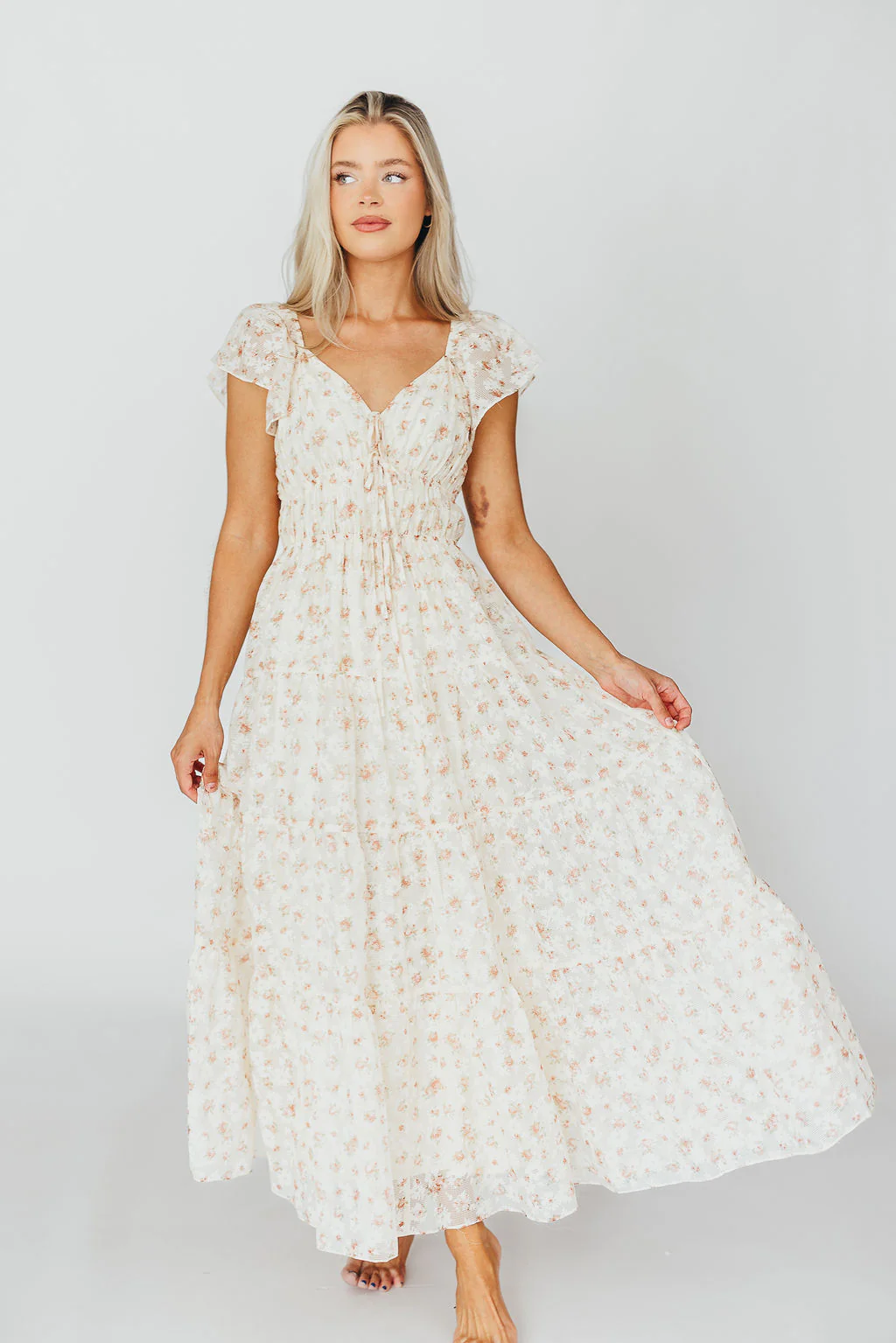 Charming Floral & Gingham Ruffled Maxi Dress in Cream/Peach Floral - Fashionser