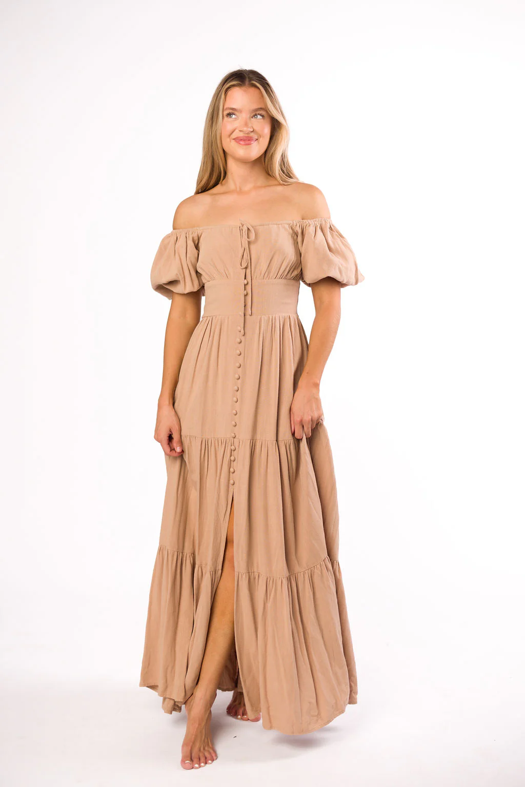 Genevieve Tiered Maxi Dress in Latte - Fashionser