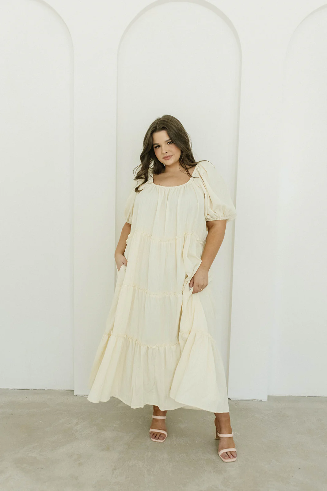 Eva Puffed Sleeve Maxi Dress in Cream - Bump Friendly & Inclusive Sizing (S-3XL) - Fashionser