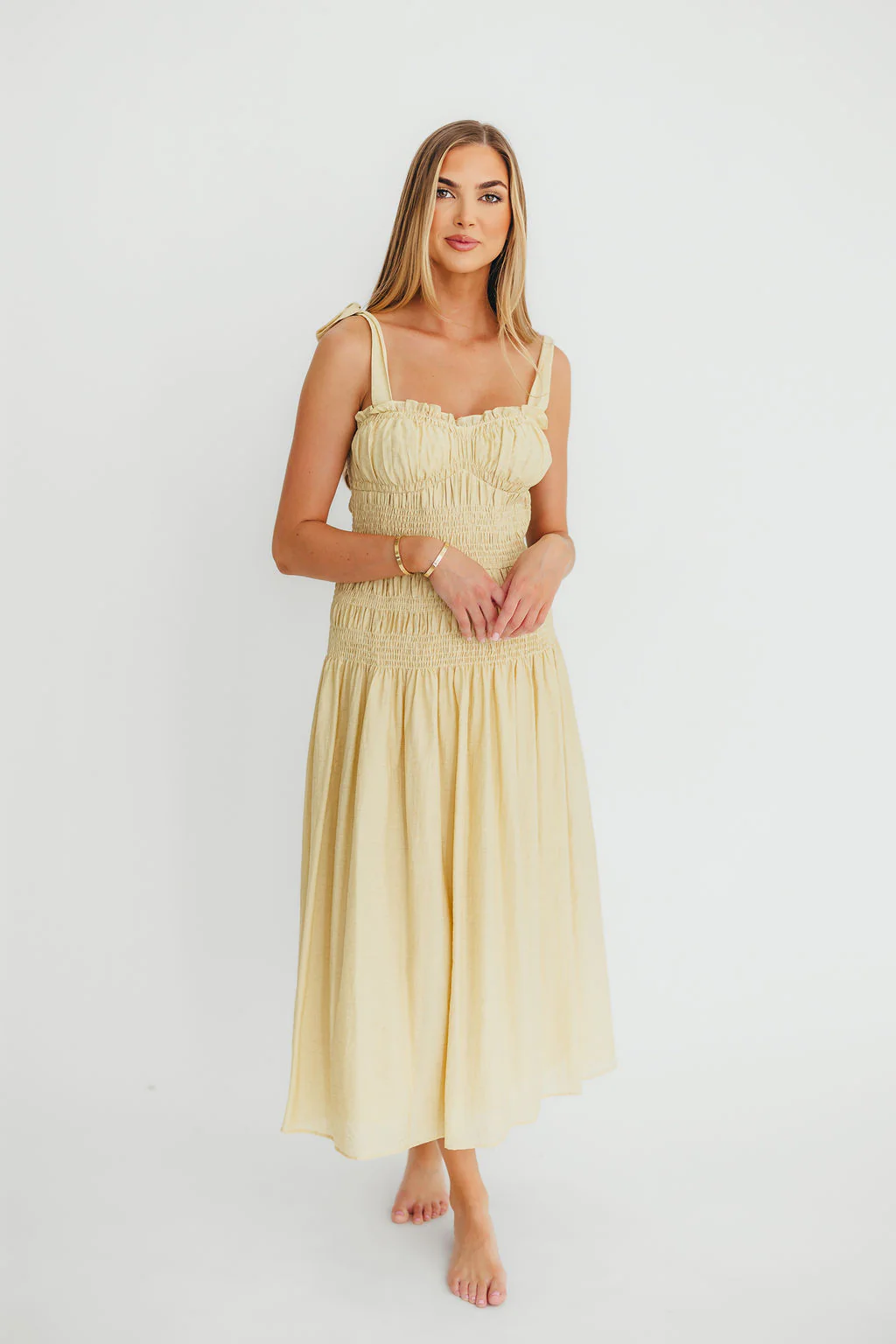 Della Adjustable Tie Midi Dress in Yellow - Fashionser