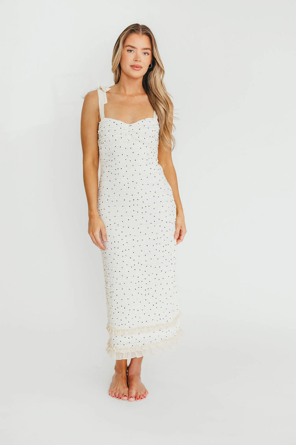 Maddie Tie Strap Ruffled Midi Dress in Ivory - Fashionser