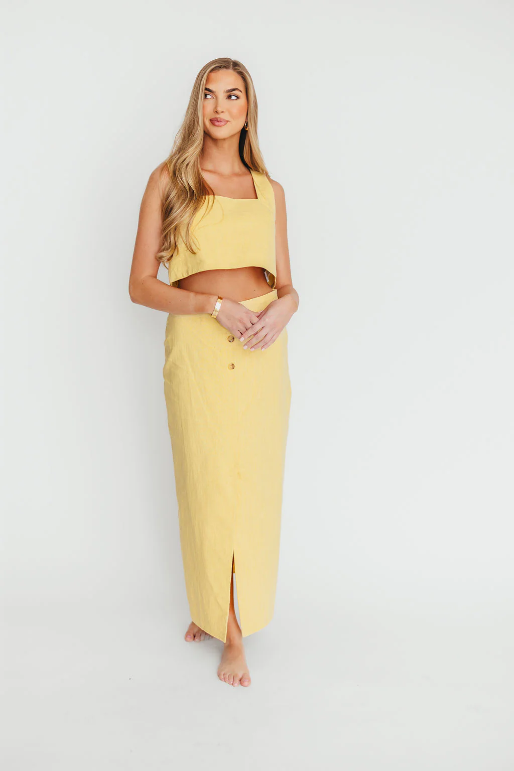 Sierra Linen Crop Top and Skirt Set in Light Yellow - Fashionser