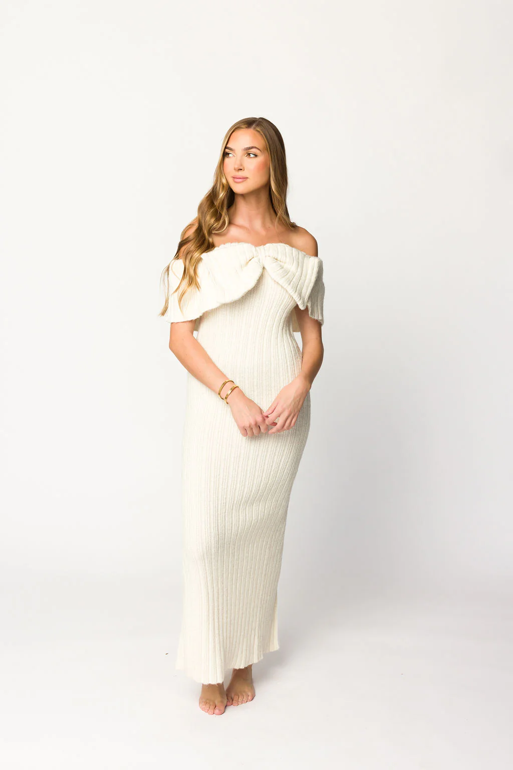 Aston Bow Front Maxi Sweater Dress in Ivory - Fashionser