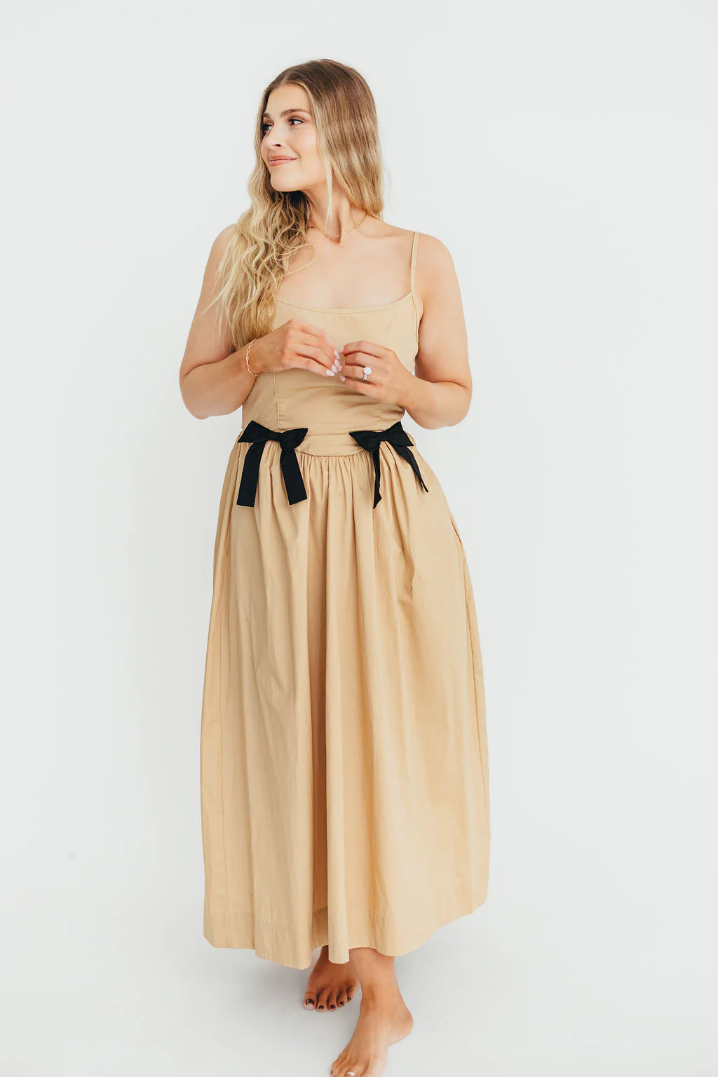 Celeste Square Neck Midi Dress with Bow Detail in Khaki - Fashionser