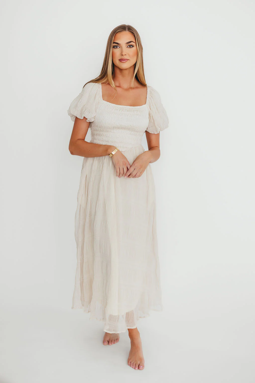 Laura Puff Sleeve Smocked Midi Dress in Ecru - Fashionser