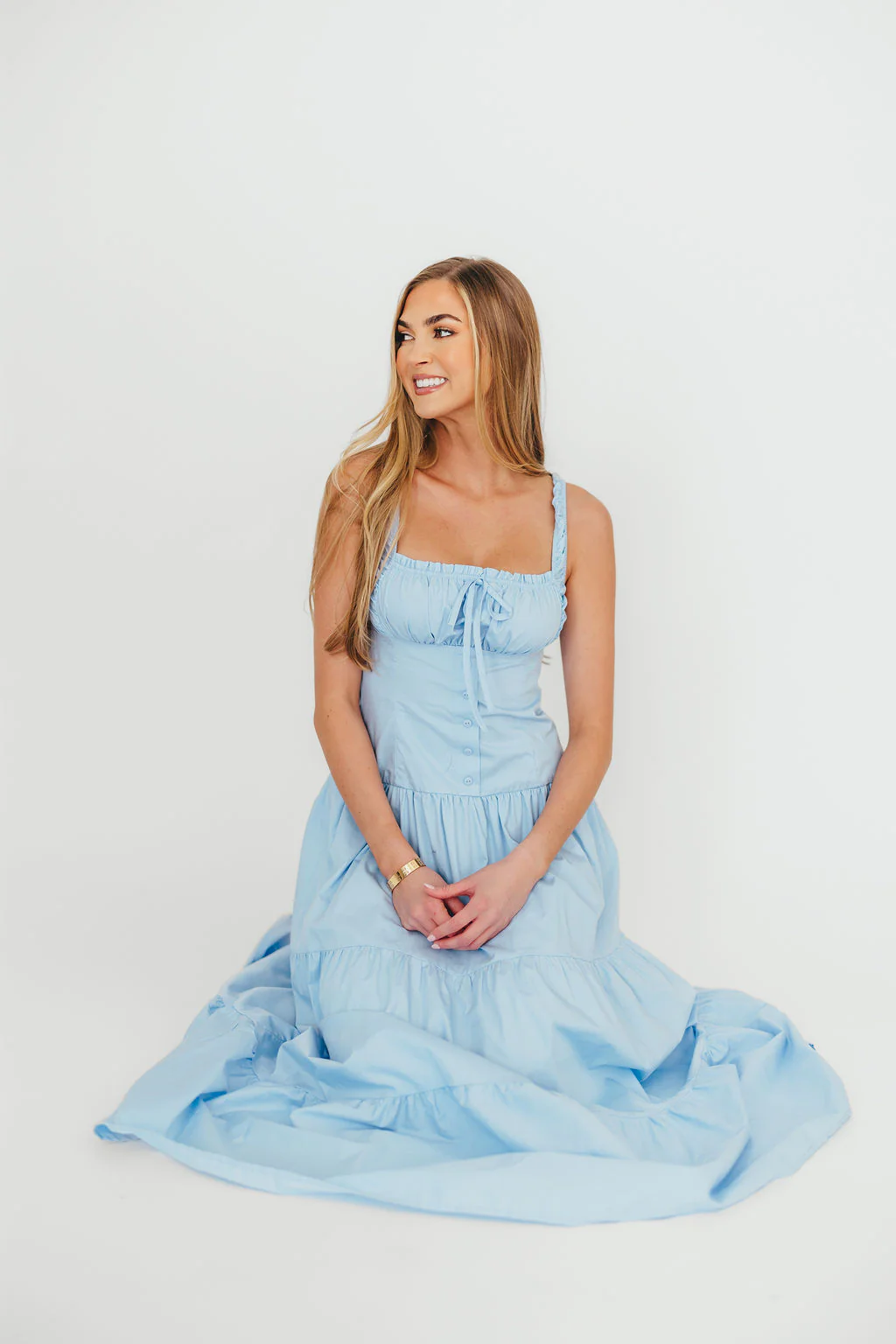 Sutton Corset Button Down Tiered Maxi Dress in Light Blue - Fashionser