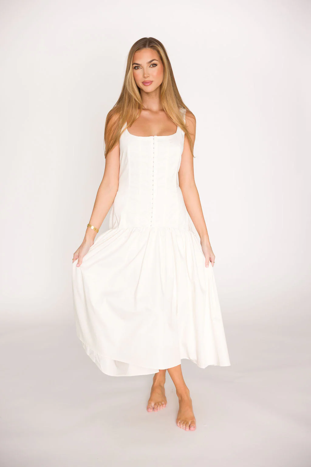 Violet Corset Style Drop Waist Midi Dress in Off-White - Fashionser