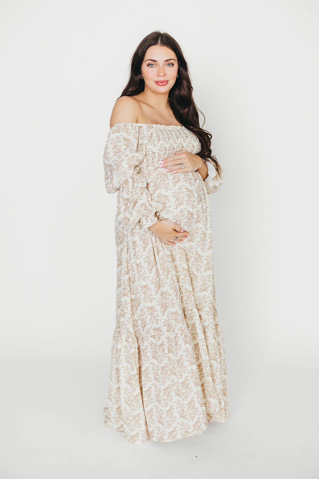 Emerson 100% Cotton Gauze Maxi Dress in Natural/Tan Floral - Bump Friendly - Fashionser