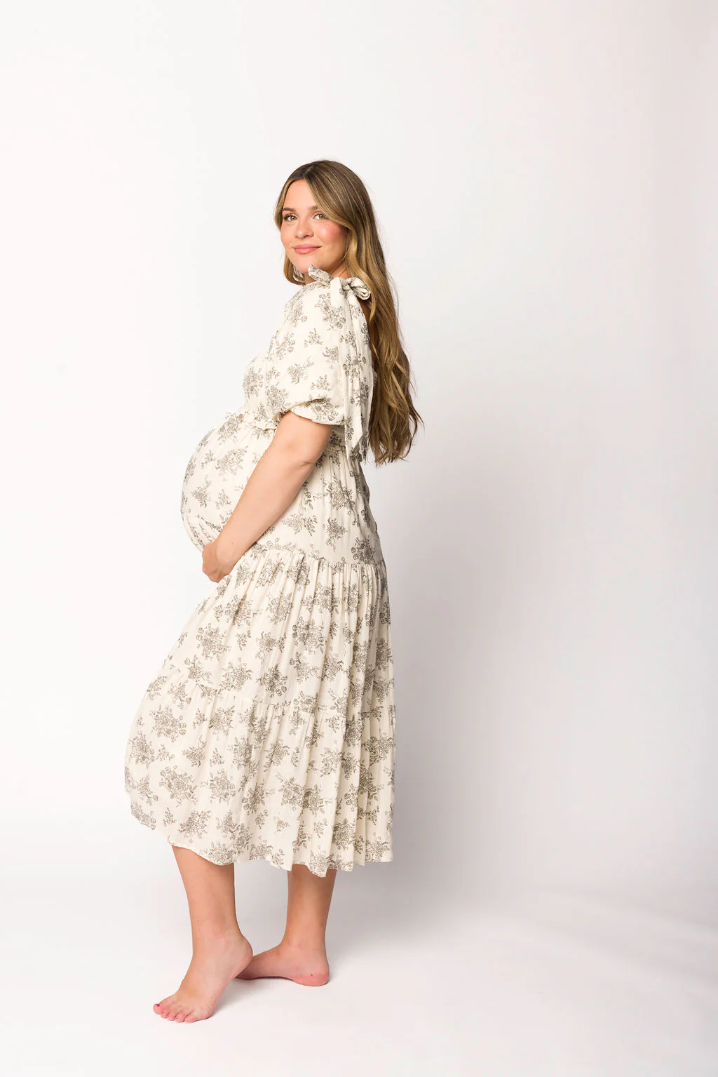 Elena Toile Print Smocked Midi Dress in Ivory - Bump Friendly - Fashionser