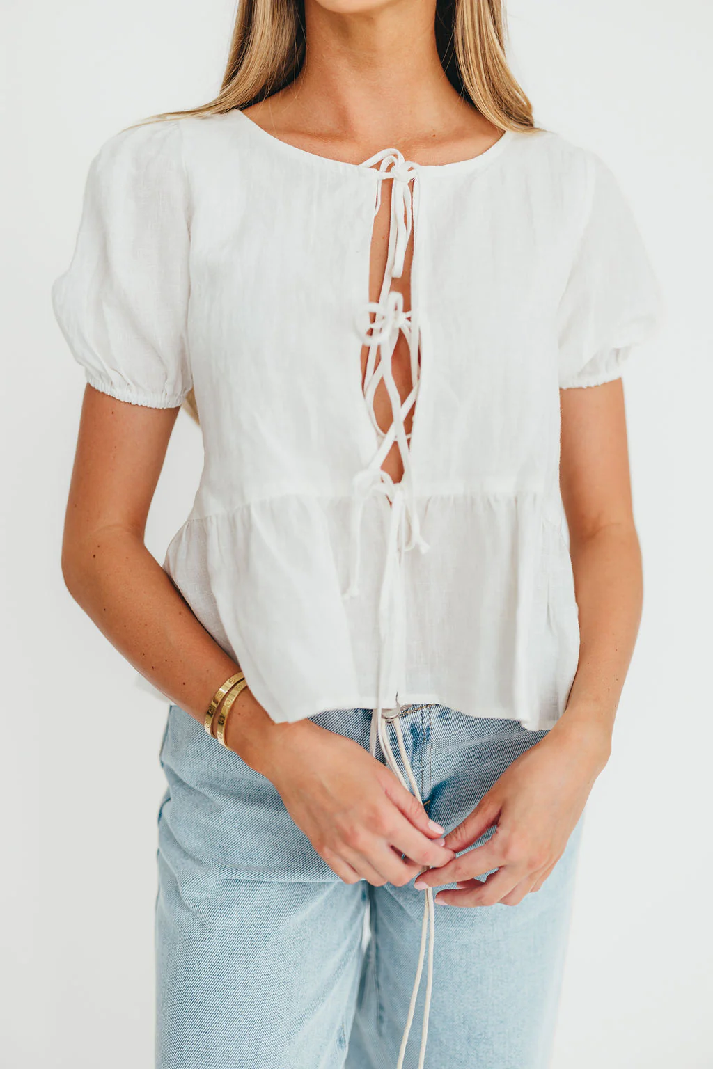 Mylie 100% Linen Woven Tie Top in Off-White - Fashionser