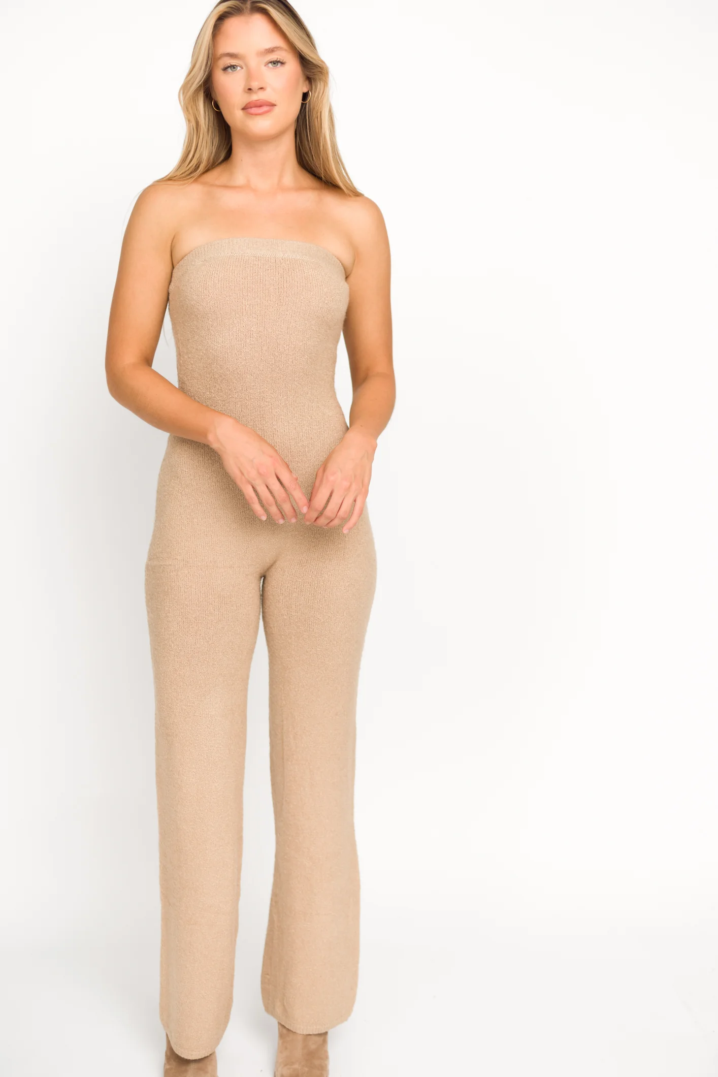 James Strapless Jumpsuit in Tan - Fashionser