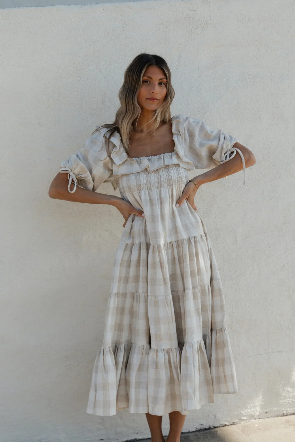 Clea Dress in Natural Plaid - Bump Friendly - Fashionser