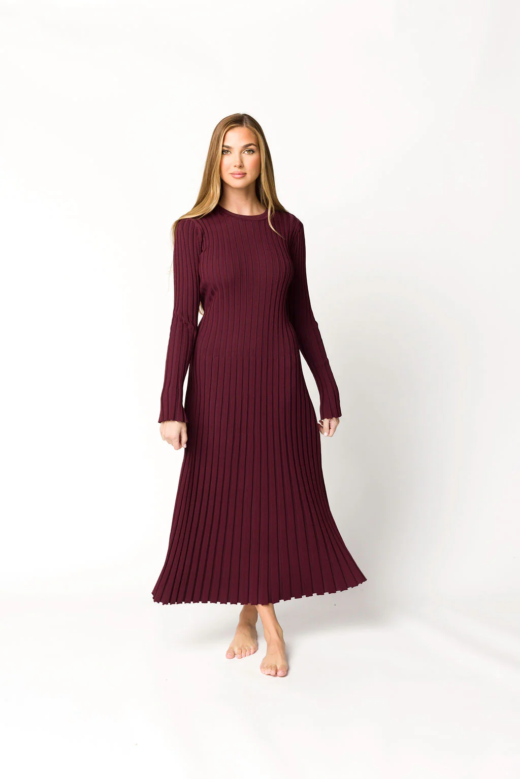 Colette Premium Long Sleeved Ribbed Knit Maxi Dress in Burgundy - Bump Friendly - Fashionser