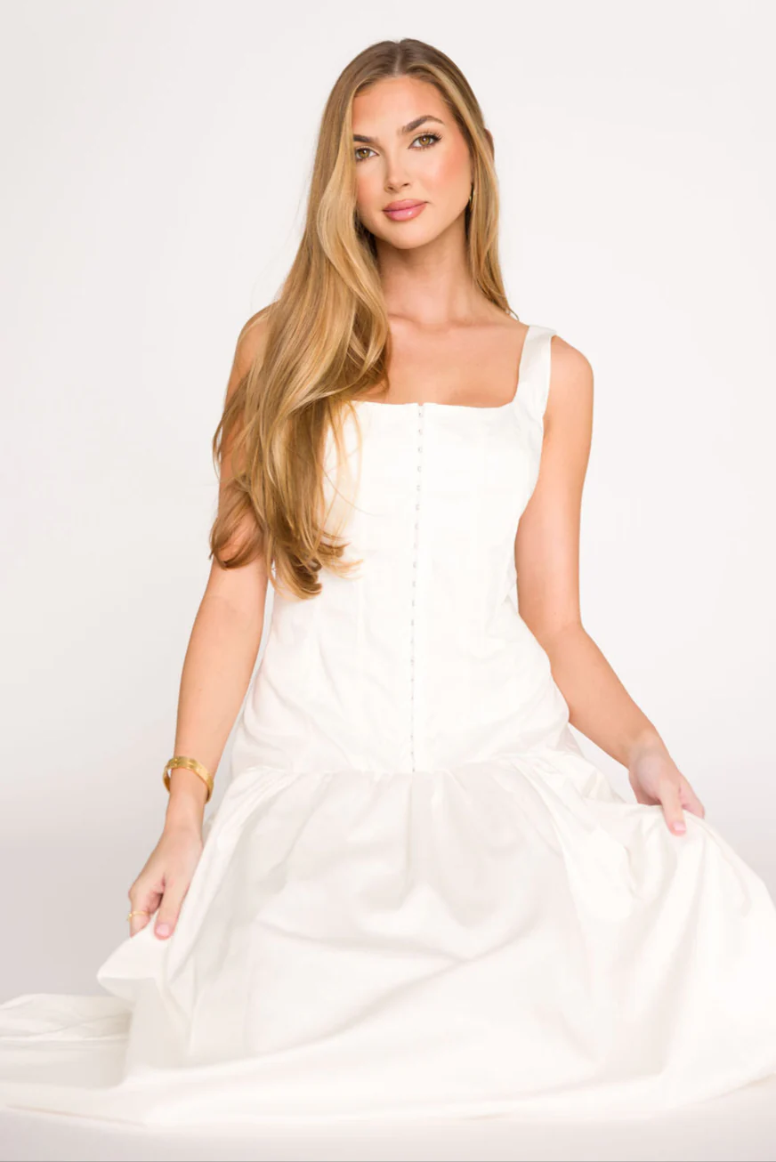 Violet Corset Style Drop Waist Midi Dress in Off-White - Fashionser