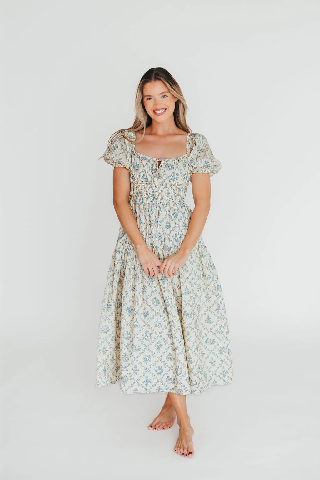 Catherine 100% Cotton Midi Dress in Cream Blue Floral - Bump Friendly & Inclusive Sizing (XS-3XL) - Fashionser