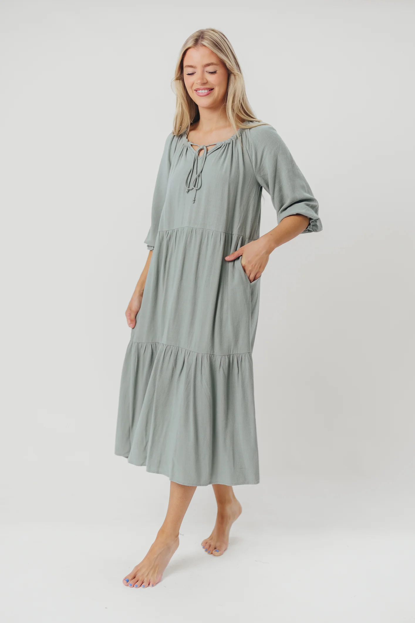 Avery Tiered Linen-Blend Midi Dress in Sage - Bump Friendly and Inclusive Sizing - Fashionser