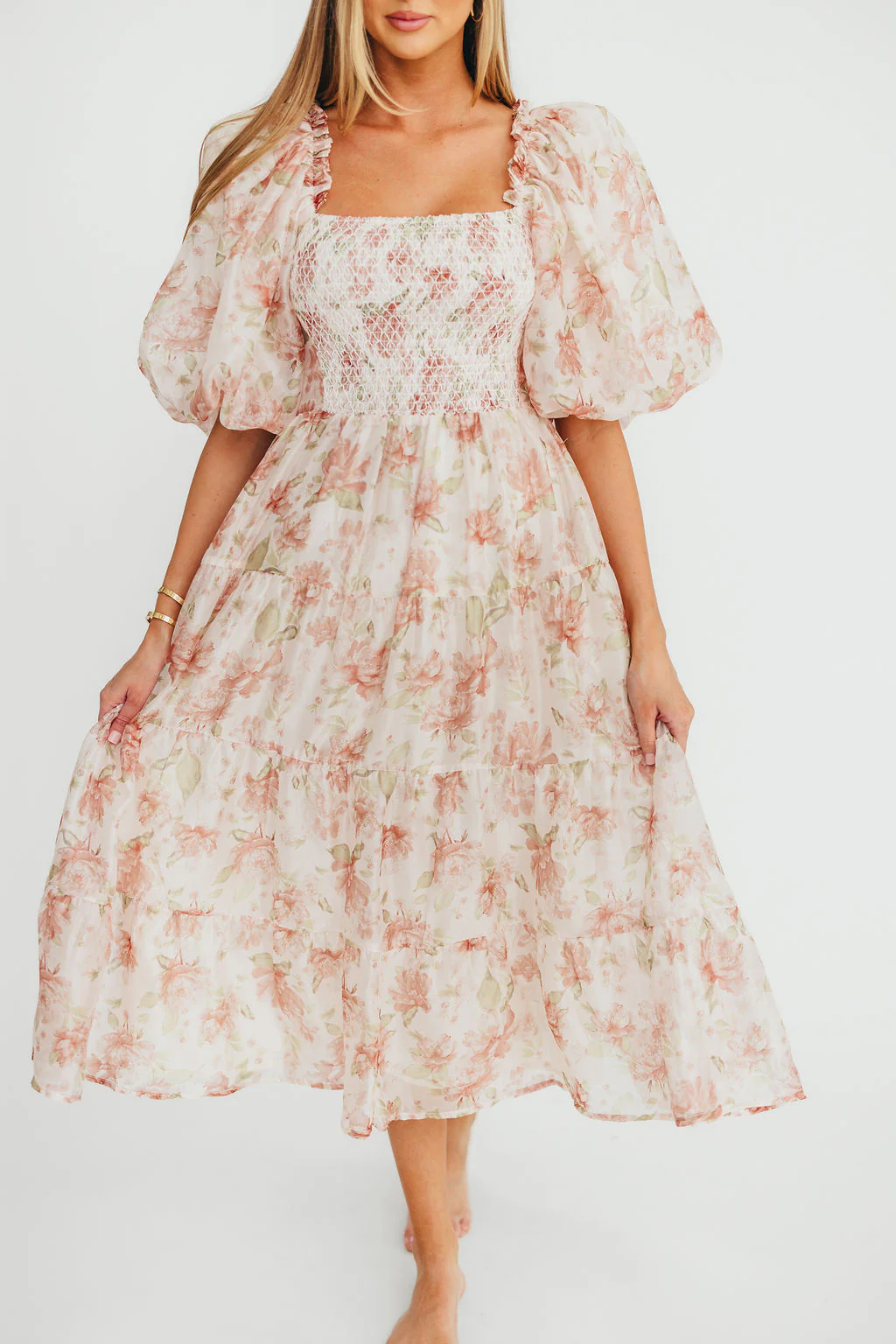McKenna Puffed Sleeve Tiered Midi Dress in Peach - Fashionser
