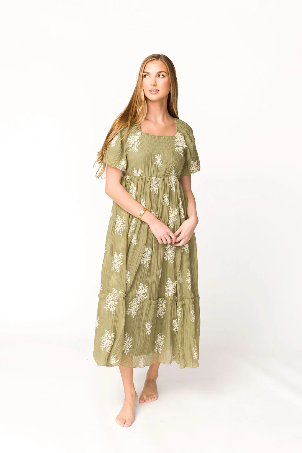 Hallie Embroidered Maxi Dress in Olive - Bump Friendly & Inclusive Sizing (S-3XL) - Fashionser