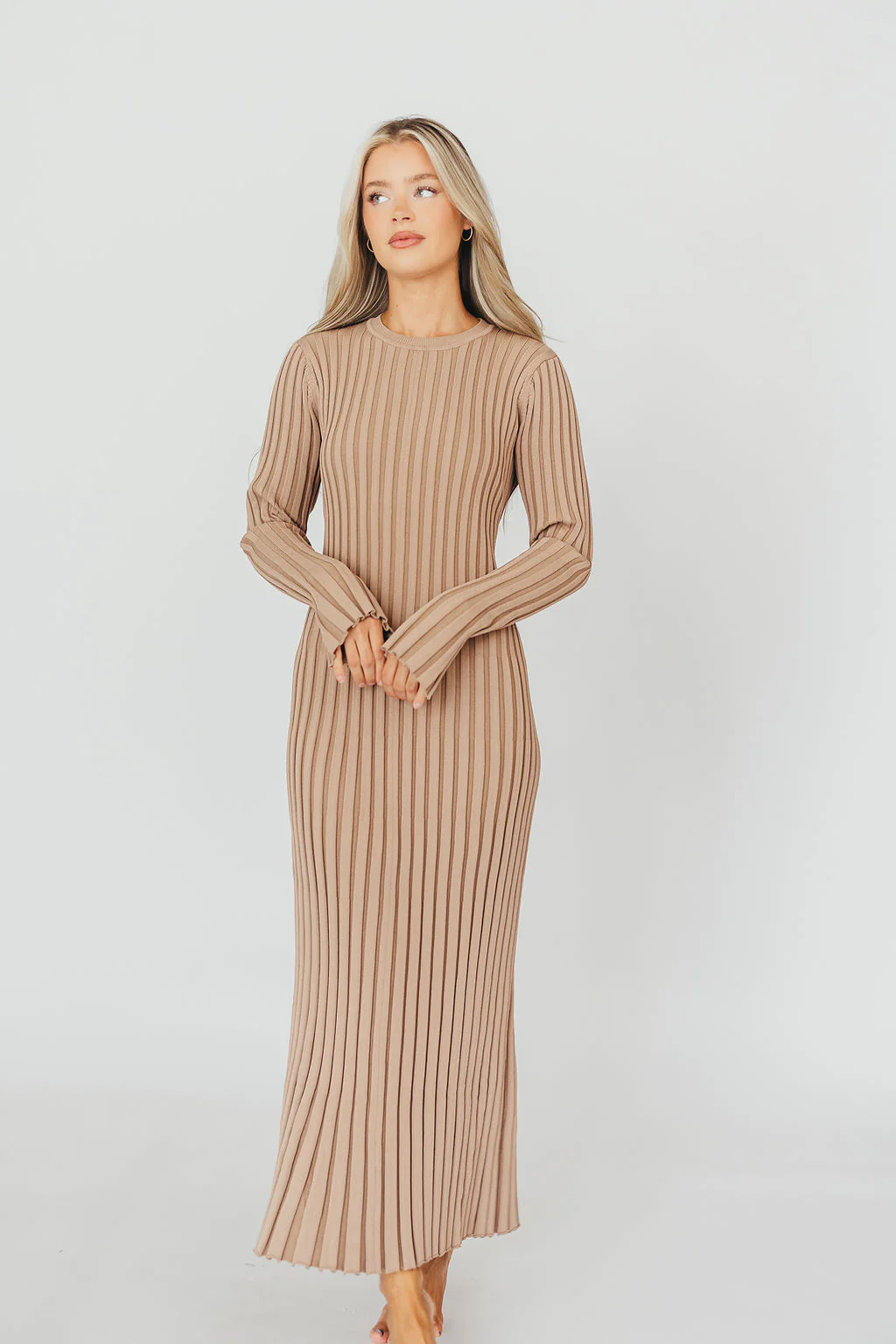 Colette Premium Long Sleeved Ribbed Knit Maxi Dress in Dark Natural - Bump Friendly - Fashionser