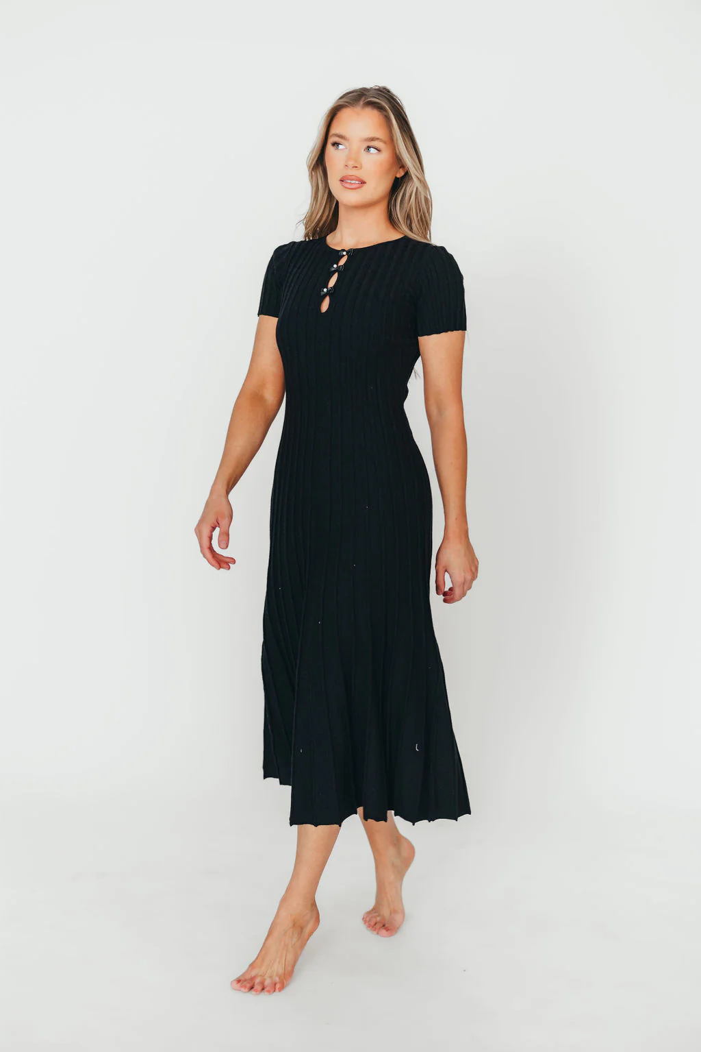 Winnie Front Bow Button Knit Midi Dress in Black - Bump Friendly - Fashionser