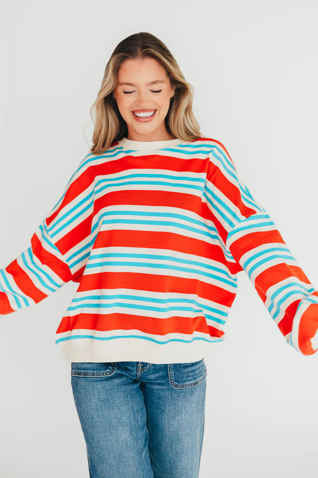 Hillary Oversized Striped Terry Sweatshirt in Red/Blue - Fashionser