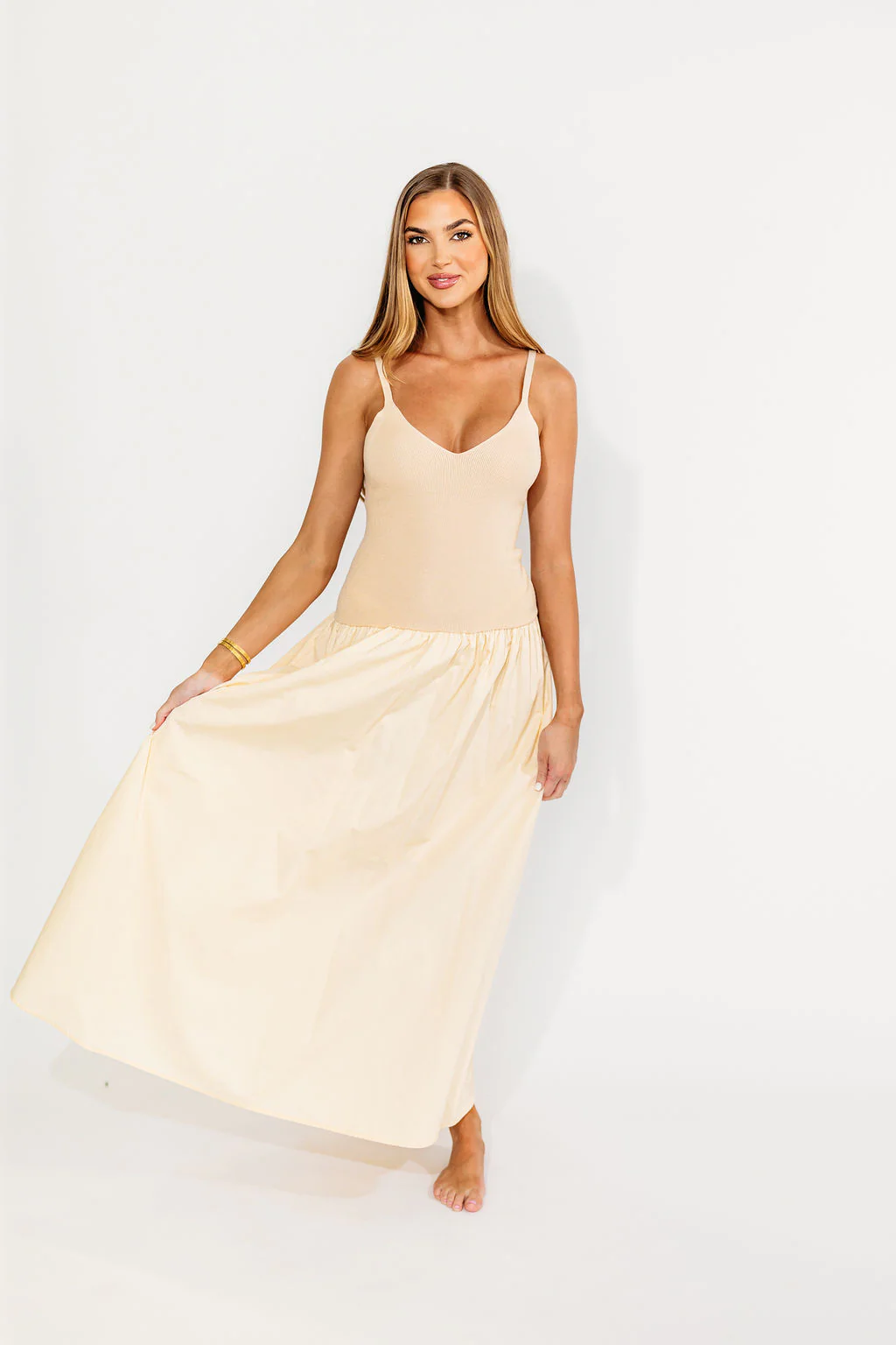 Gaby V-Neck Mixed Media Maxi Dress in Cream - Fashionser