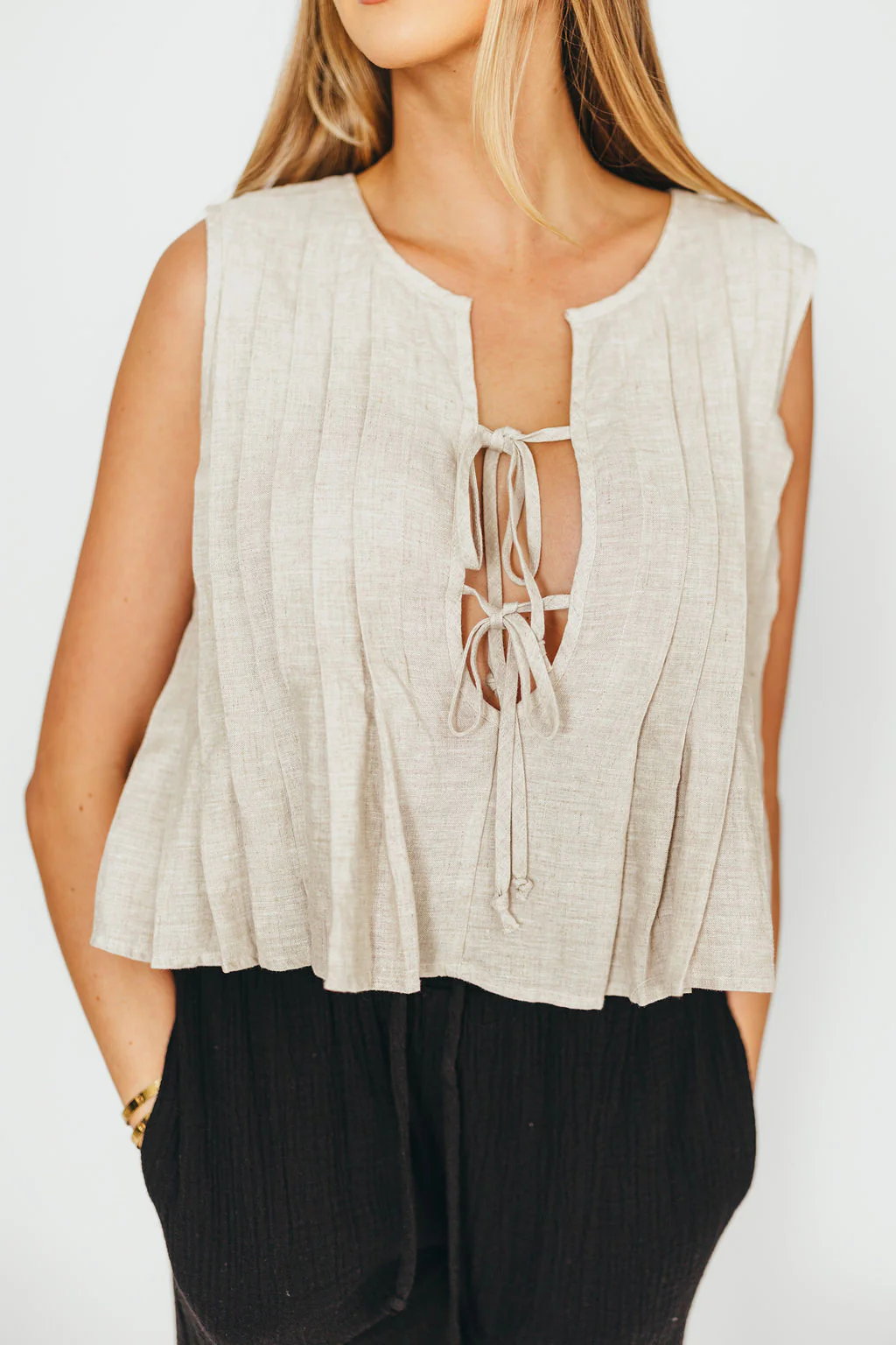 Allexia 100% Linen Bow Tie Tank Woven in Linen - Fashionser