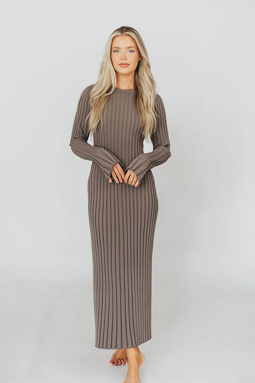 Colette Premium Long Sleeved Ribbed Knit Maxi Dress in Mocha Slate - Bump Friendly - Fashionser