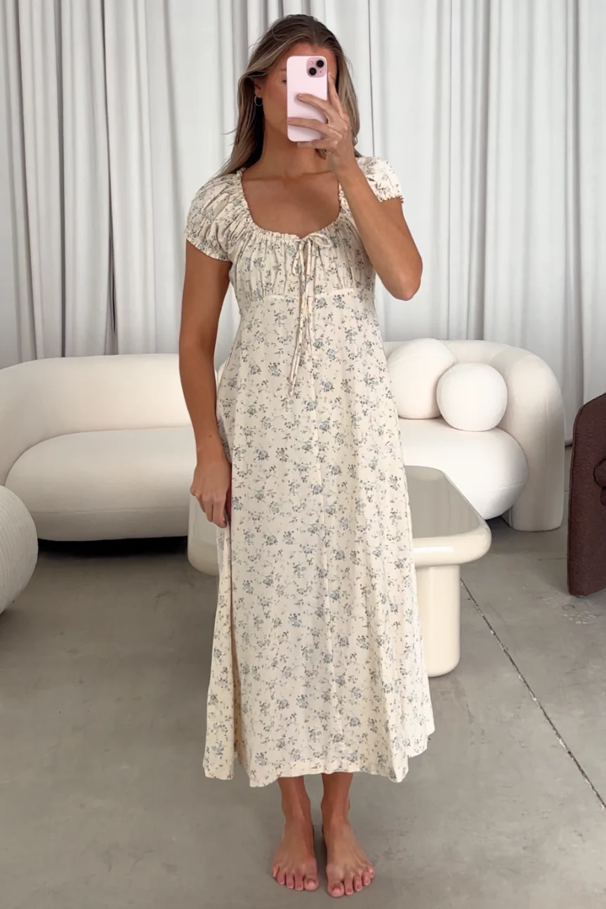 Marley 100% Cotton Midi Dress in Ivory/Blue Floral - Bump Friendly (Restocking in April) - Fashionser