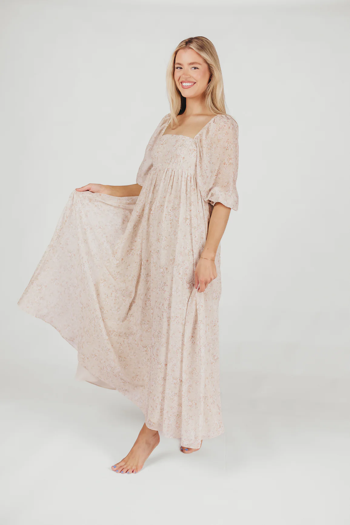 *New* Mona Maxi Dress with Smocking in Beige Floral - Bump Friendly & Inclusive Sizing (S-3XL) - Fashionser