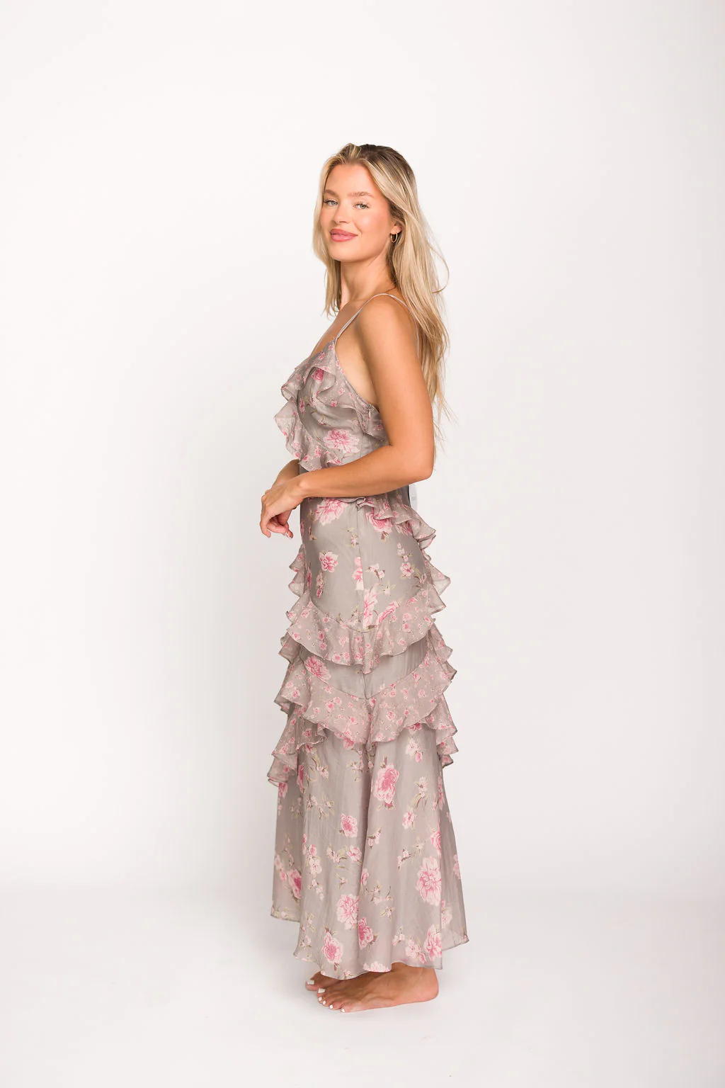 Amelia Ruffle Maxi Dress in Grey/Pink Floral - Fashionser