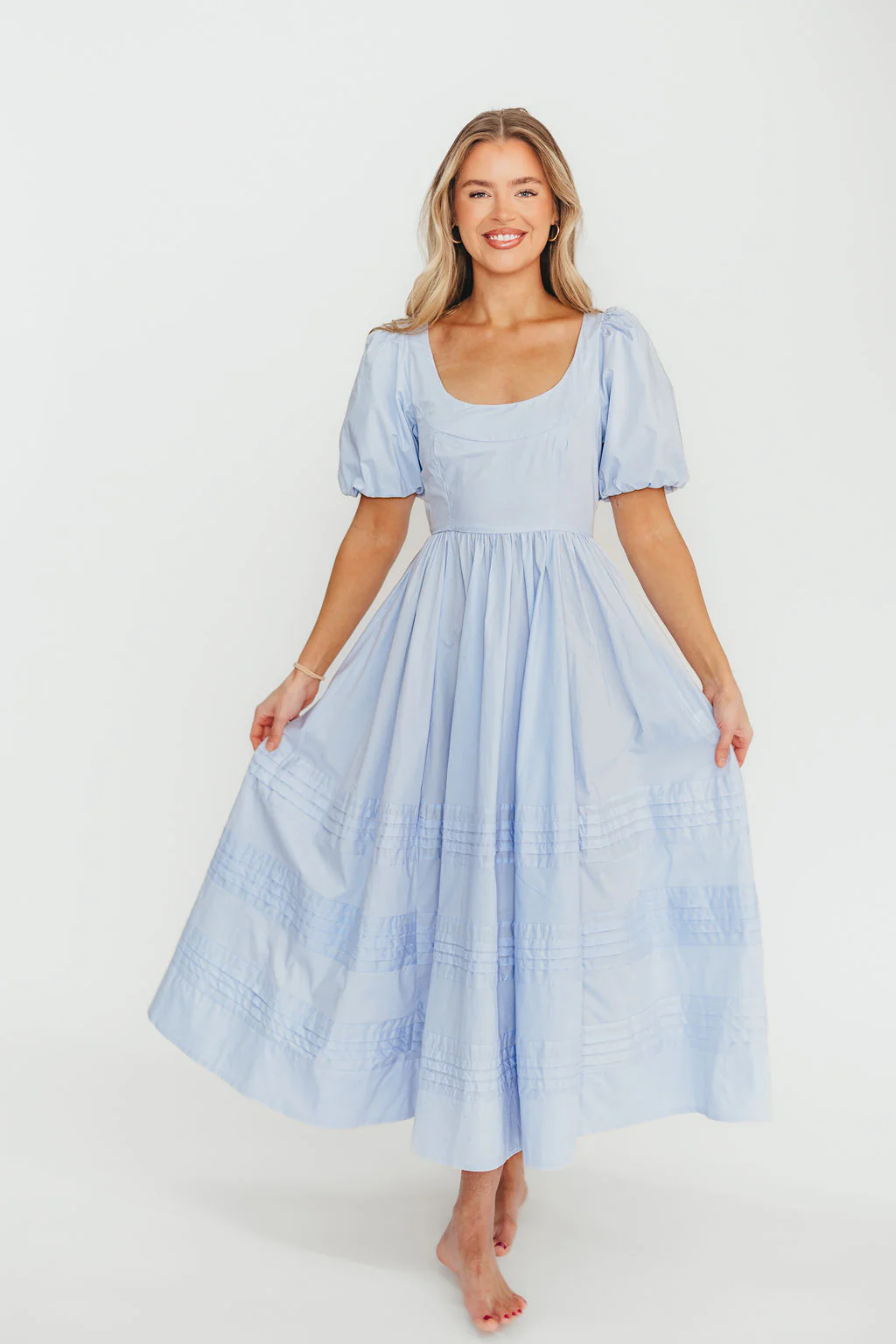 Milana 100% Cotton Puffed Sleeve Midi Dress in Baby Blue - Fashionser