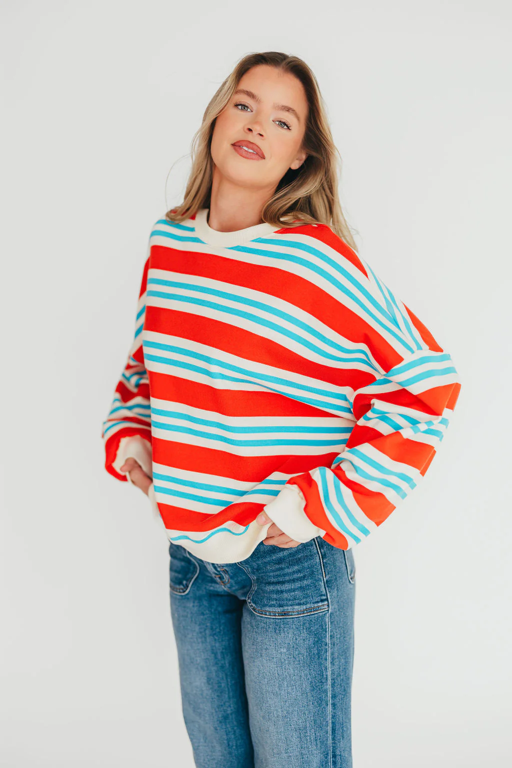 Hillary Oversized Striped Terry Sweatshirt in Red/Blue - Fashionser