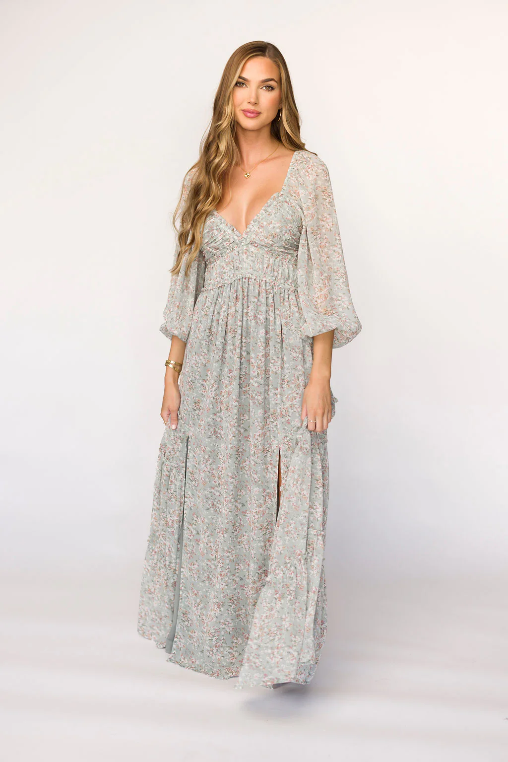 Daphne Long Sleeve Maxi Dress in Sage/Pink/Ivory Floral - Bump Friendly & Inclusive Sizing (XS-3XL) - Fashionser
