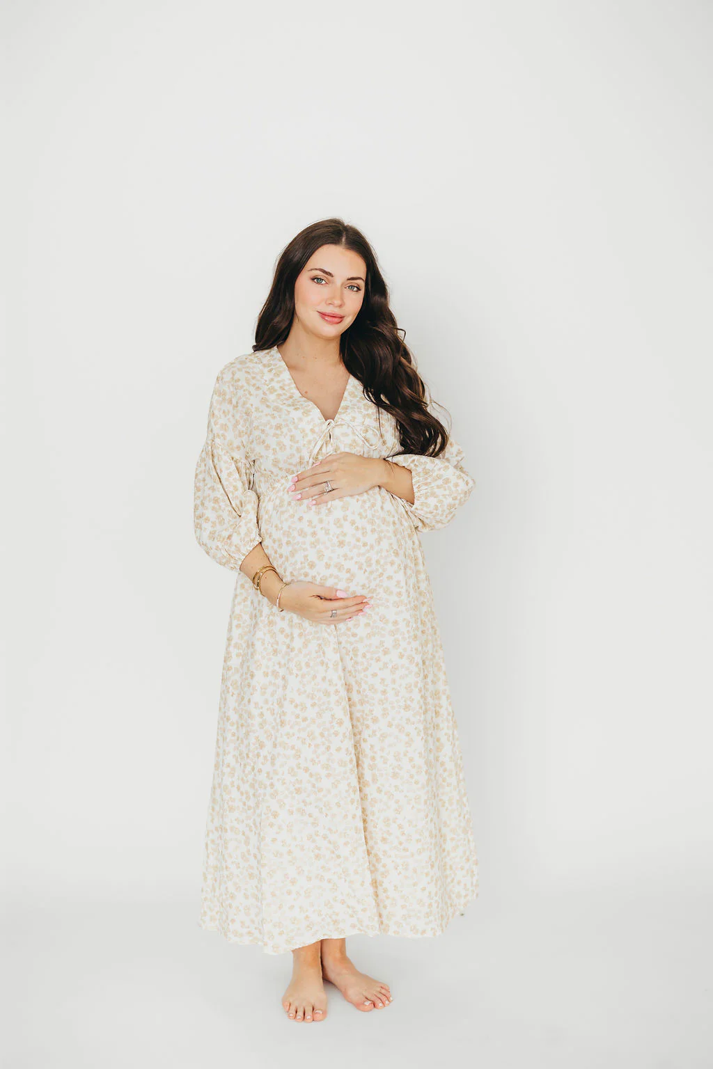 Hunter 100% Cotton Gauze Midi Dress in Natural/Fawn Floral - Bump Friendly - Fashionser
