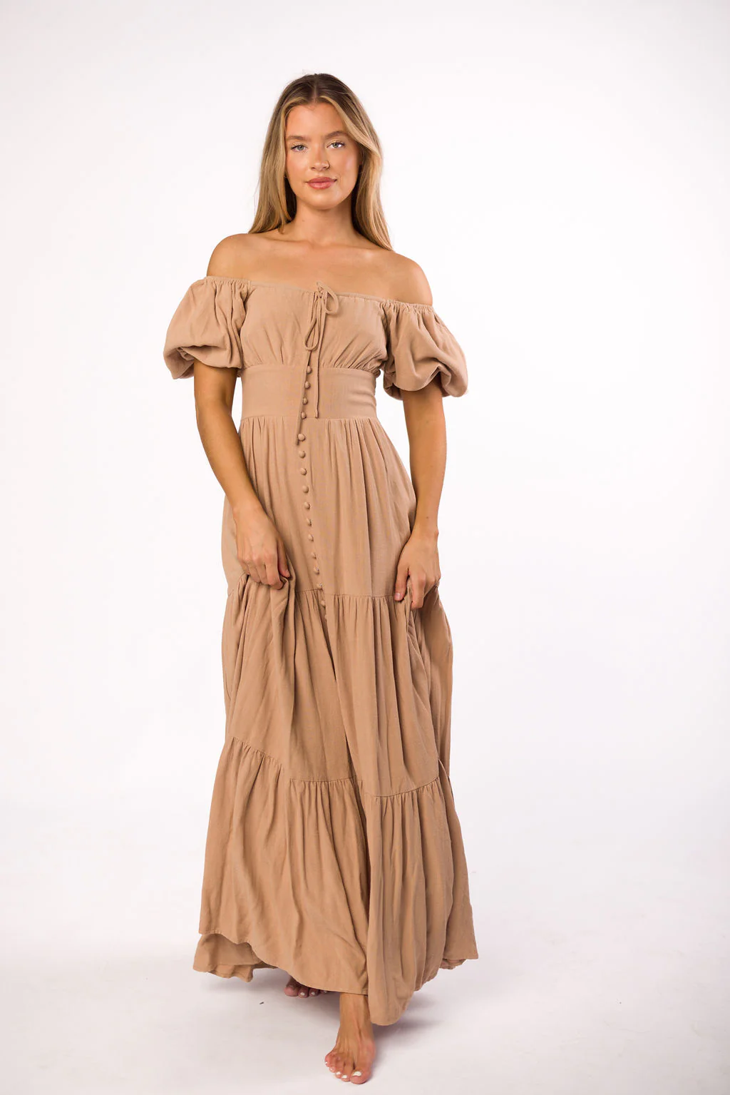 Genevieve Tiered Maxi Dress in Latte - Fashionser