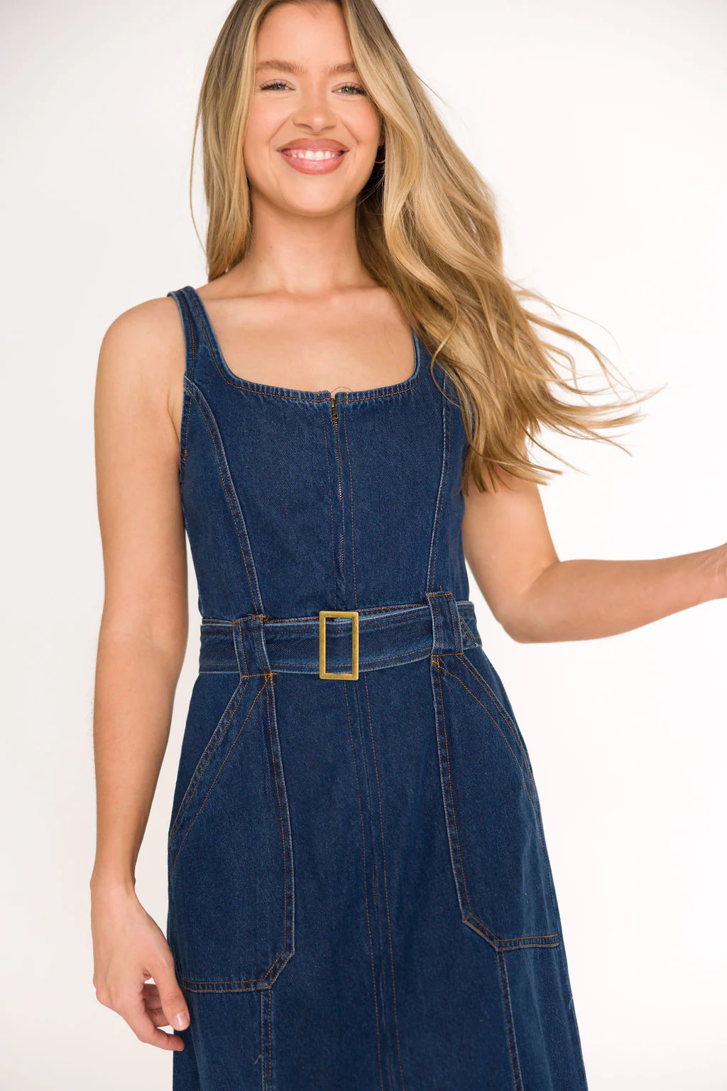 Samantha Belted Midi Dress in Denim - Fashionser