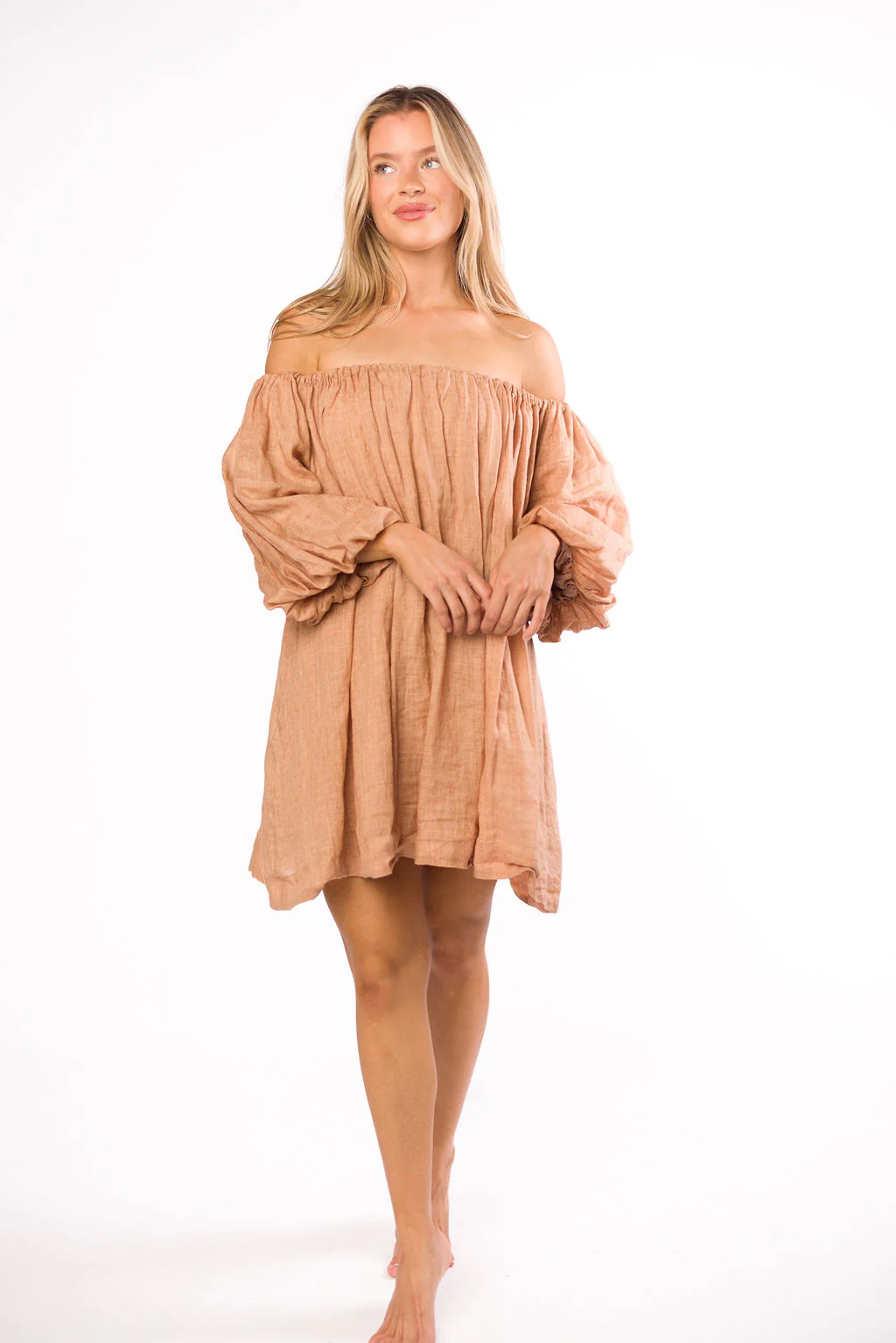 Cassidy 100% Linen On/Off Shoulder Mini Dress in Mocha - Fashionser