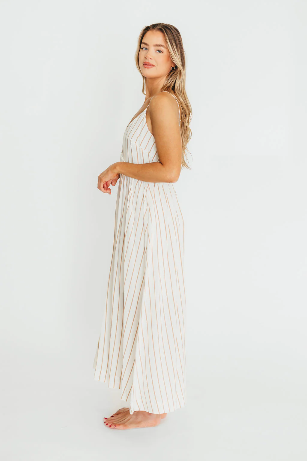 Genesis Stripe Midi Dress in White/Taupe - Fashionser