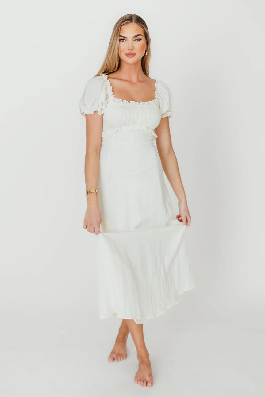 Penny Puff Sleeve Ruffle Midi Dress in Cream - Fashionser