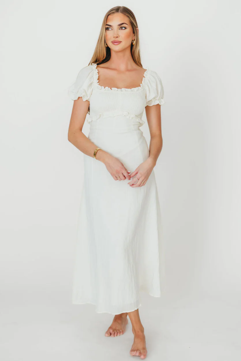Penny Puff Sleeve Ruffle Midi Dress in Cream - Fashionser