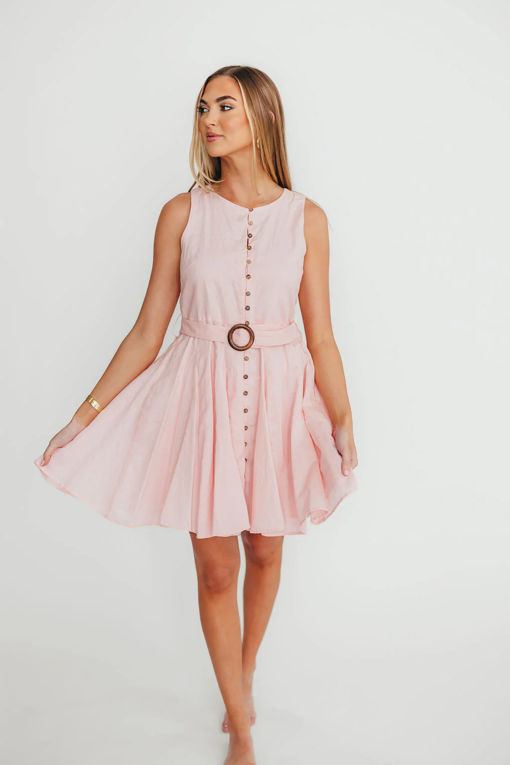 Cadence Belted Button Down Mini Dress in Pastel Pink - Fashionser