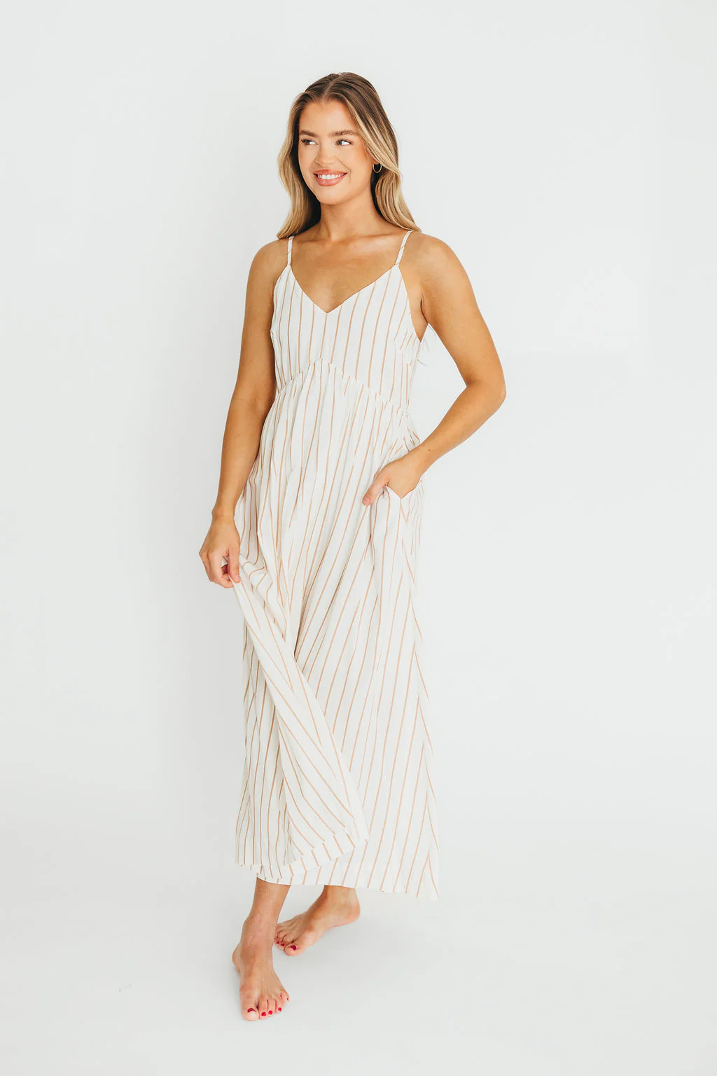 Genesis Stripe Midi Dress in White/Taupe - Fashionser