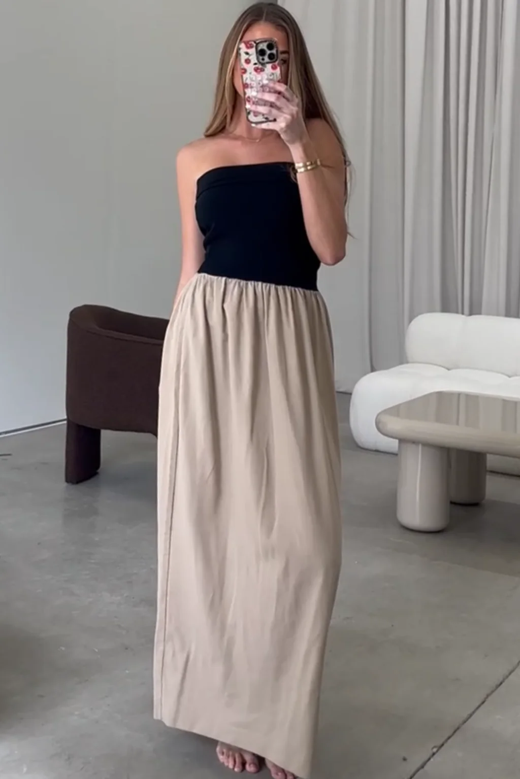 Kaylee Linen and Ribbed Knit Maxi Dress in Black/Tan - Fashionser