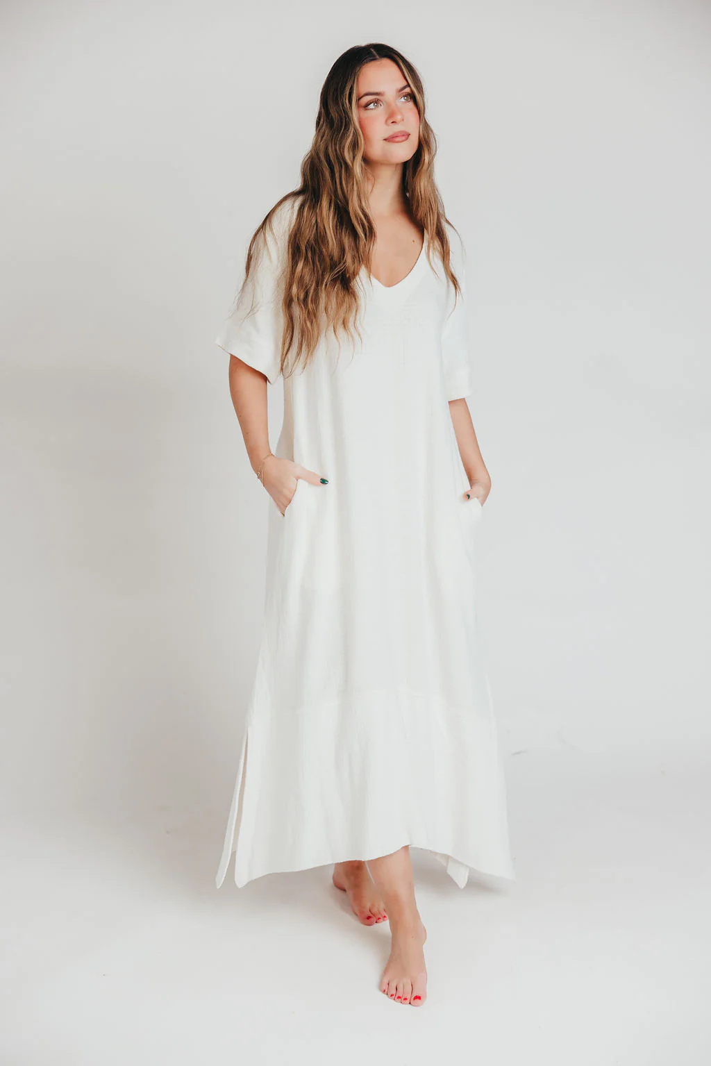 Fallon Linen-Blend Collared Midi Dress in Ivory - Bump Friendly - Fashionser